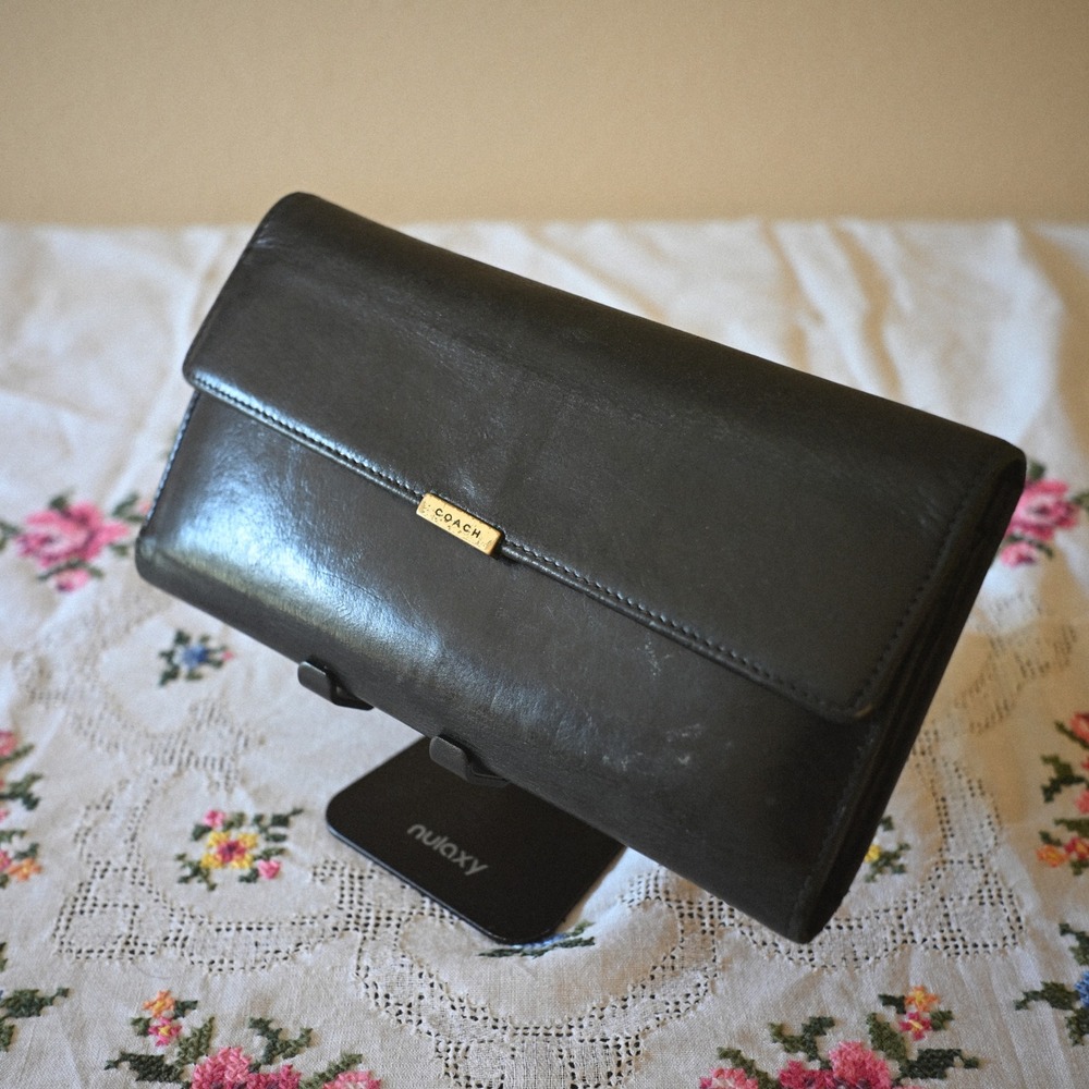 Coach Vintage 90s Black Leather Snap Flap Travel Clutch Wallet Checkbook Insert